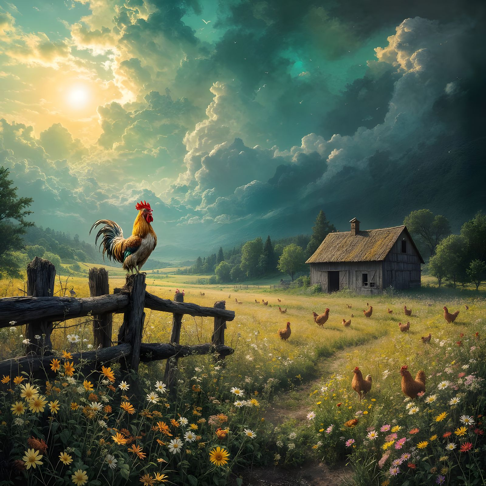 Surrealistic Oil Painting of Countryside Landscape with Roos...