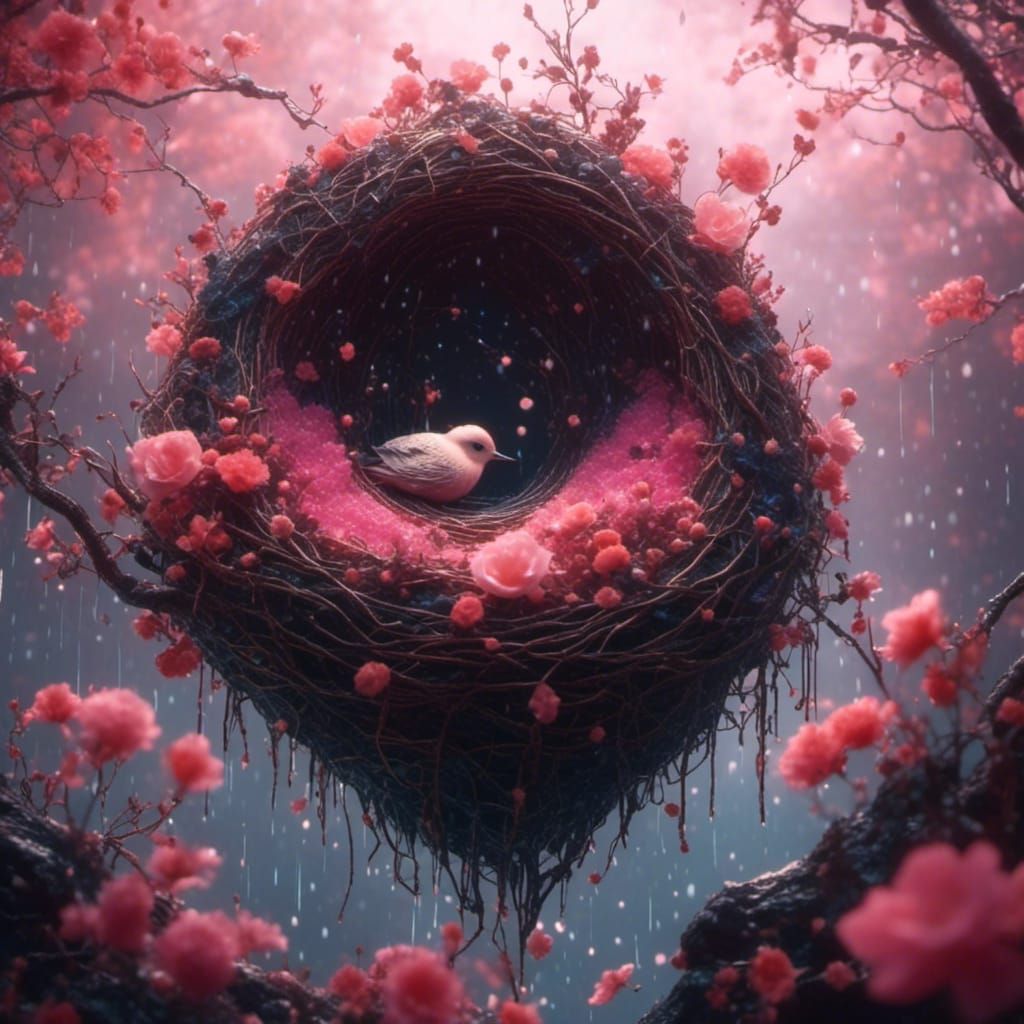 Birds in a Nest with Pink Flowers