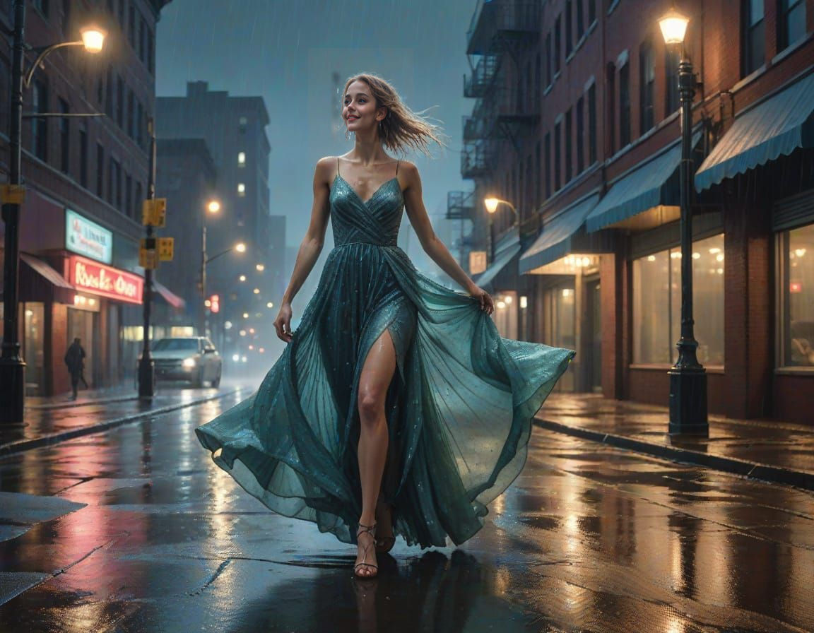 Rainy Night Ballerina in Hyperrealistic Style