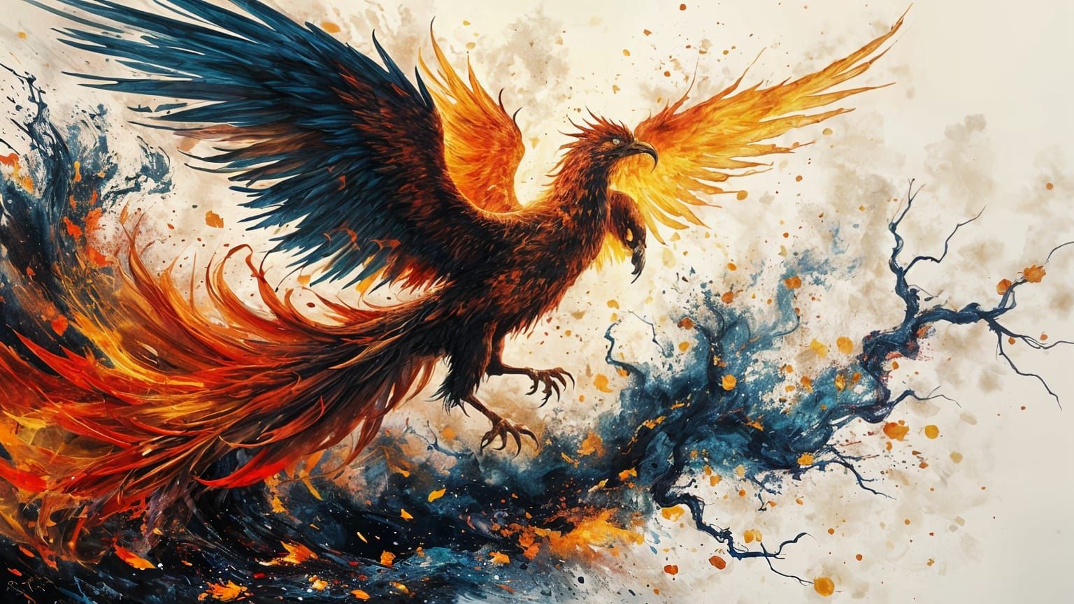 Majestic Phoenix Explodes From Flames in Ink Splash Artwork