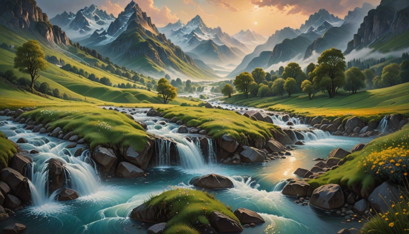 Surreal Oil Painting of Glistening Water Droplets in Misty L...