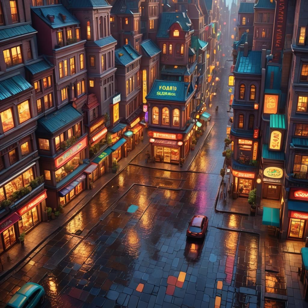 Colorful Cartoon Shopping Street at Golden Hour