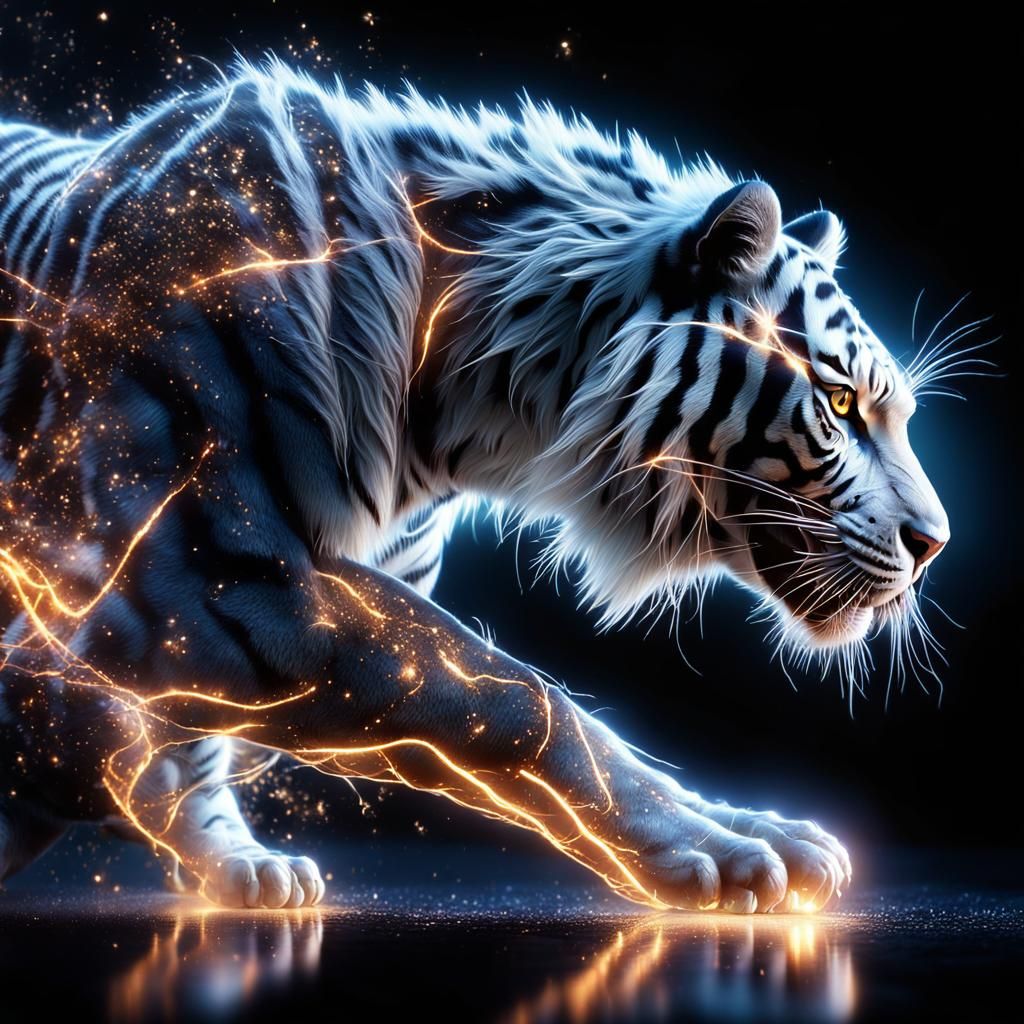 Bioluminescent Tiger Dissolving into Magical Dust