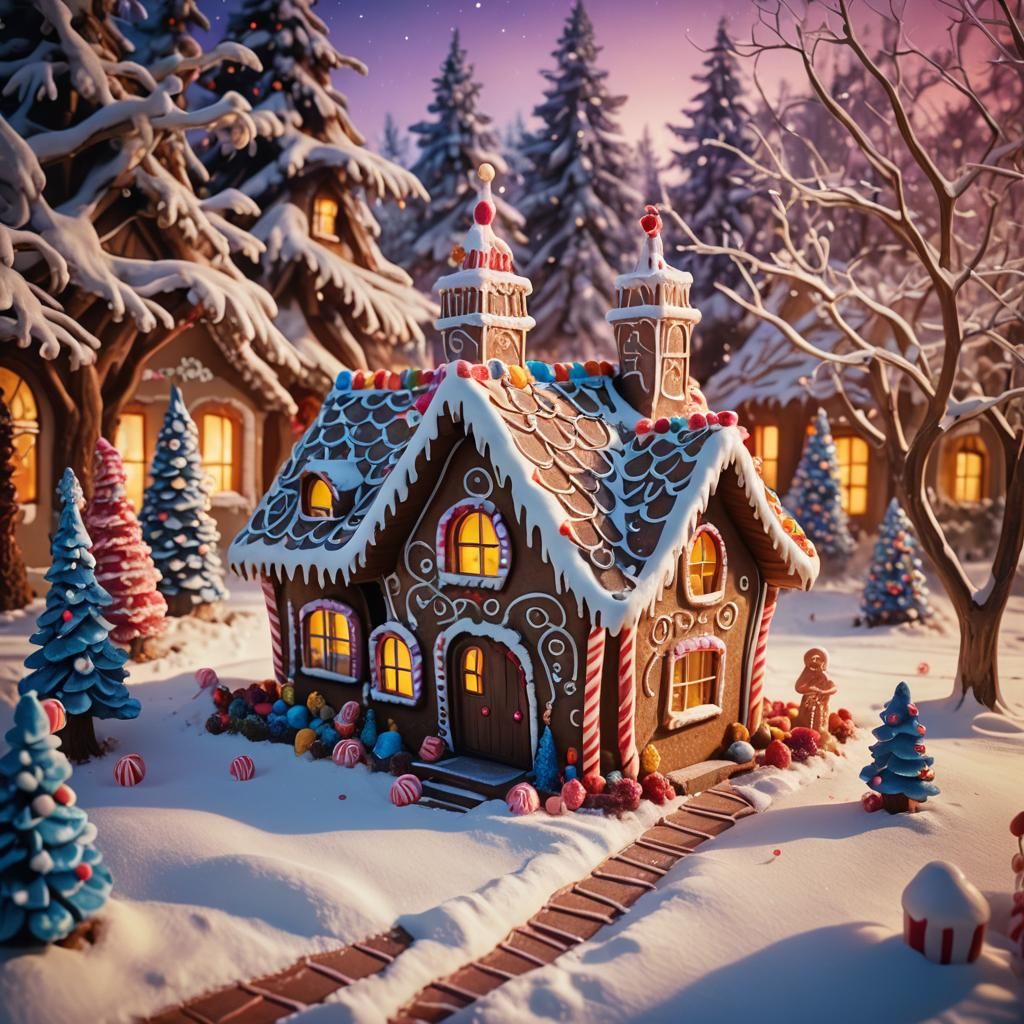 Gingerbread House in Winter Wonderland, Cinematic Film Still