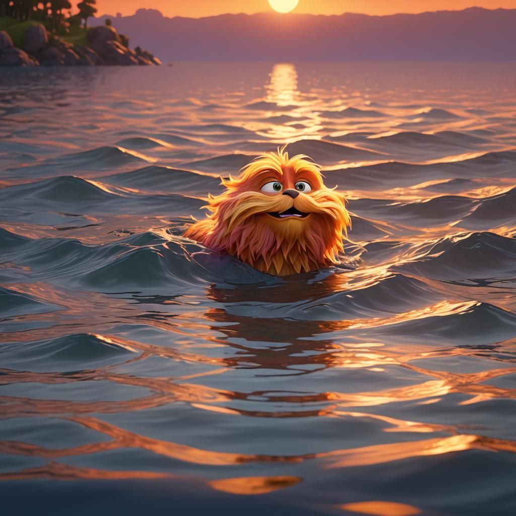 The Lorax Swims at Sunset in Pixar Style