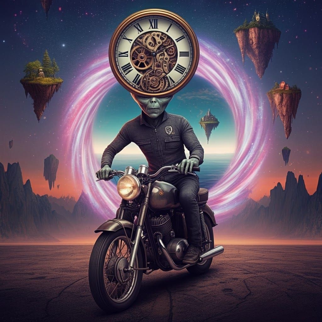 Clockwork Alien on Motorcycle Rides to Wormhole