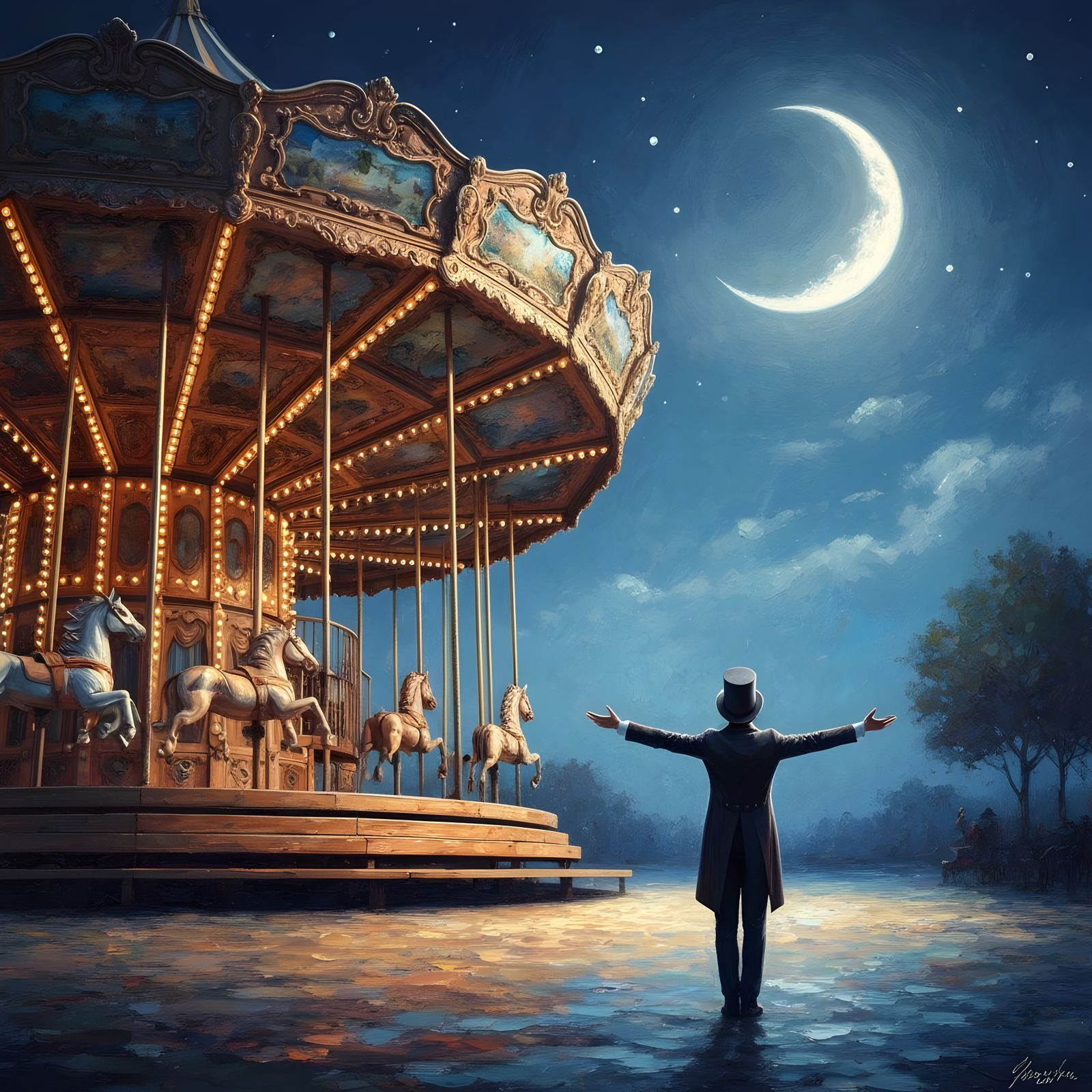 Magical Carousel Under Crescent Moon Oil Painting