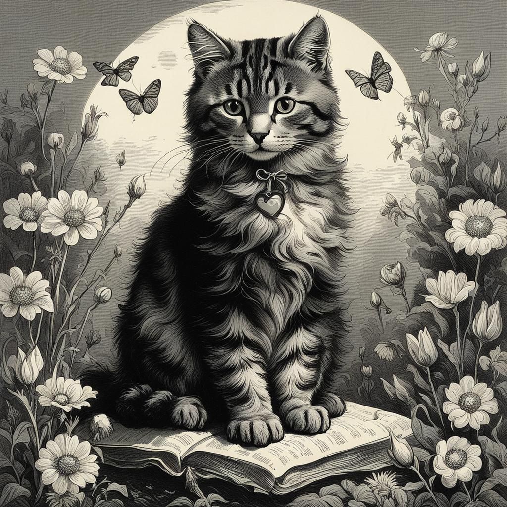 Cat with Flowers in Gustave Doré Style