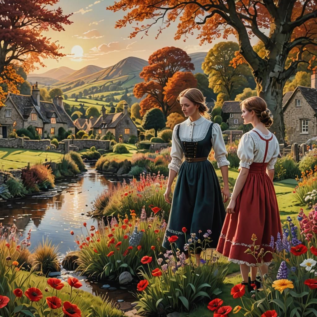 Cotswold Village Girls Plucking Flowers at Sunset