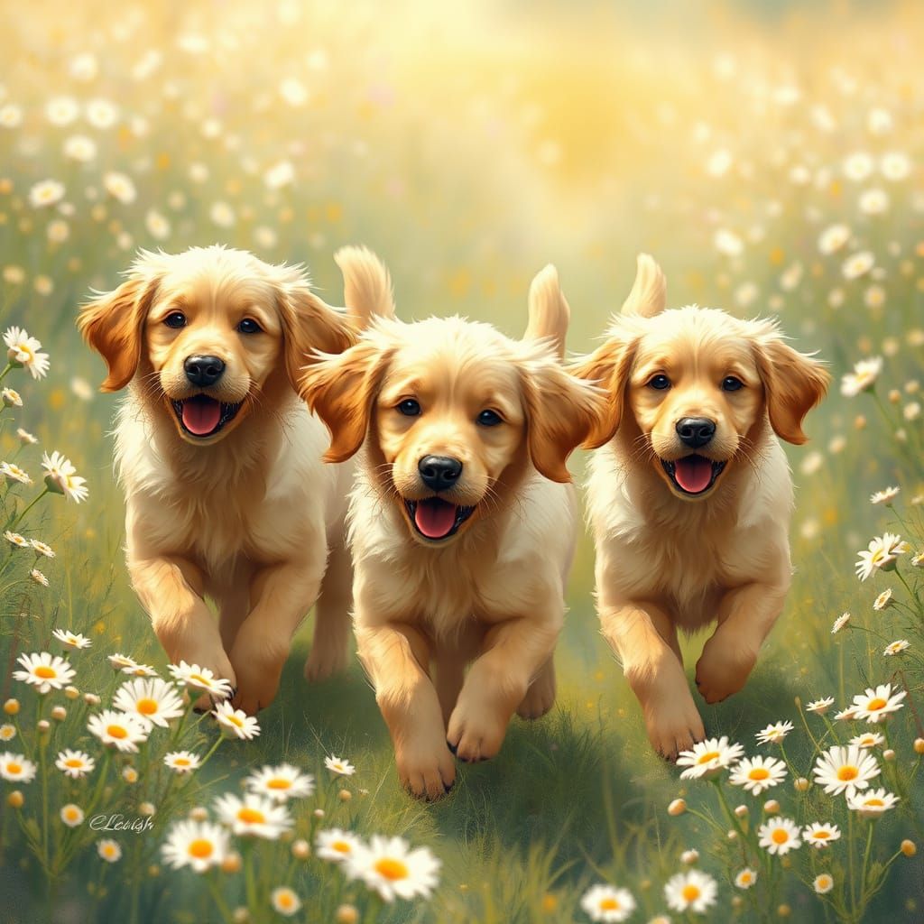 Golden Retriever Trio Runs Freely in Whimsical Daisy Meadow