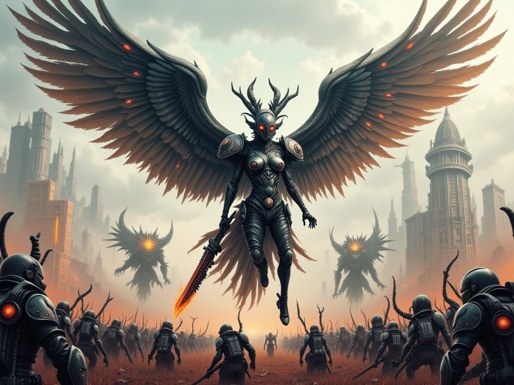 Cyborg Angel of War Over Battlefield