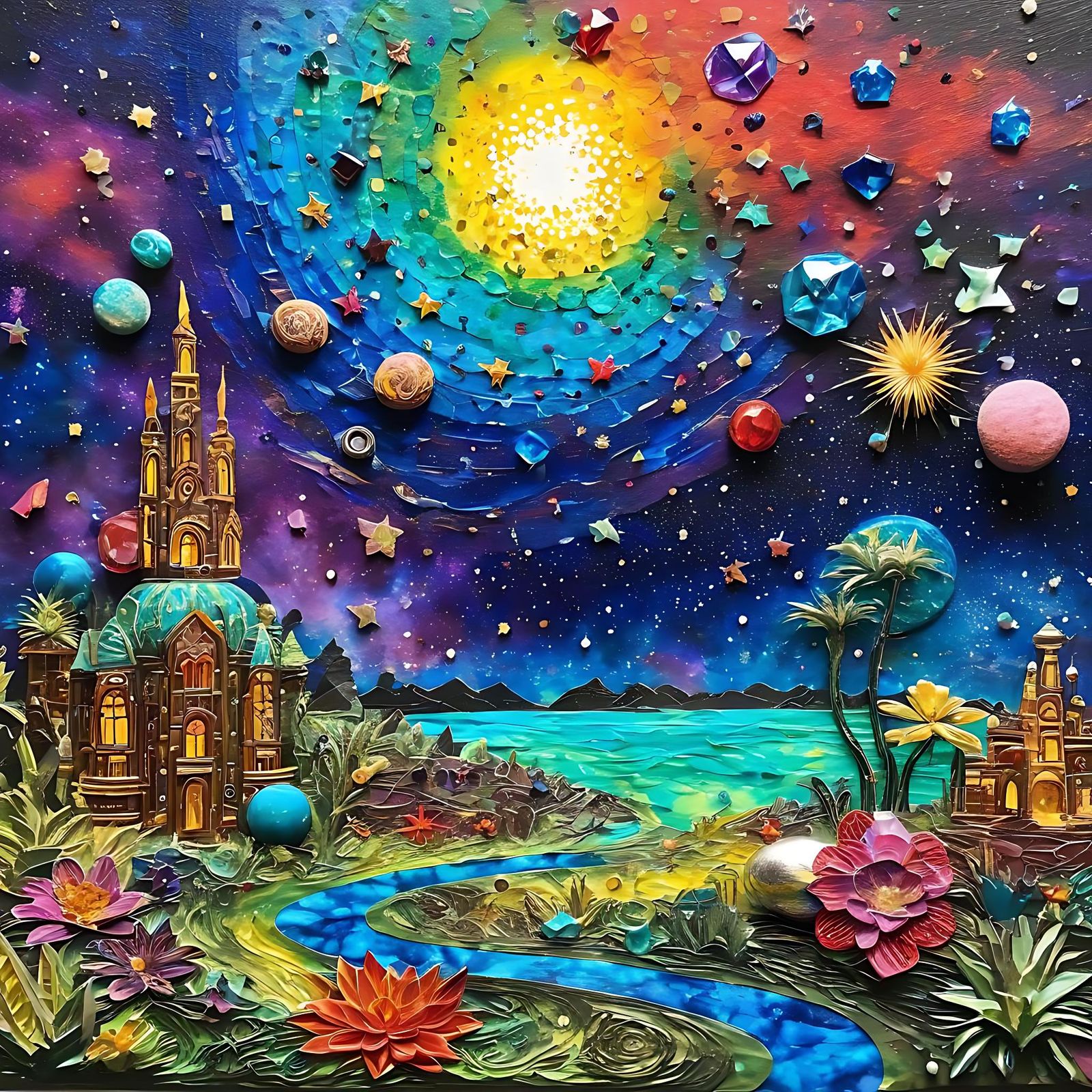Bejeweled Galactic Oasis: Hyperdetailed Encaustic Masterpiec...