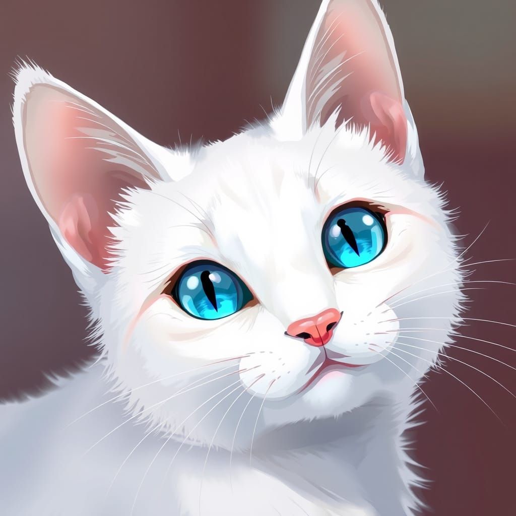 Anime-Inspired Portrait of a White Cat with Vibrant Blue Eye...