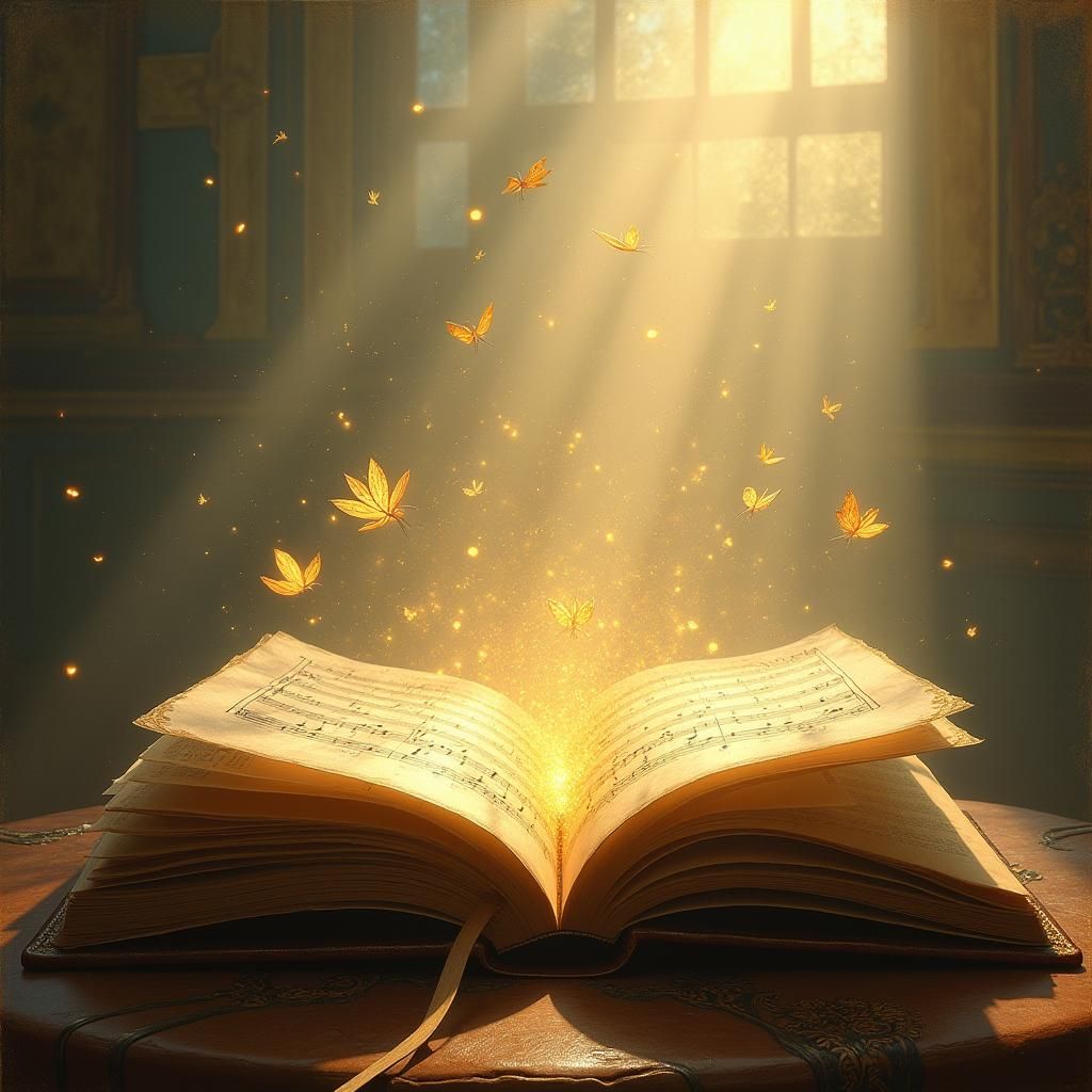 Enchanted Book Releasing Musical Notes in Ethereal Light