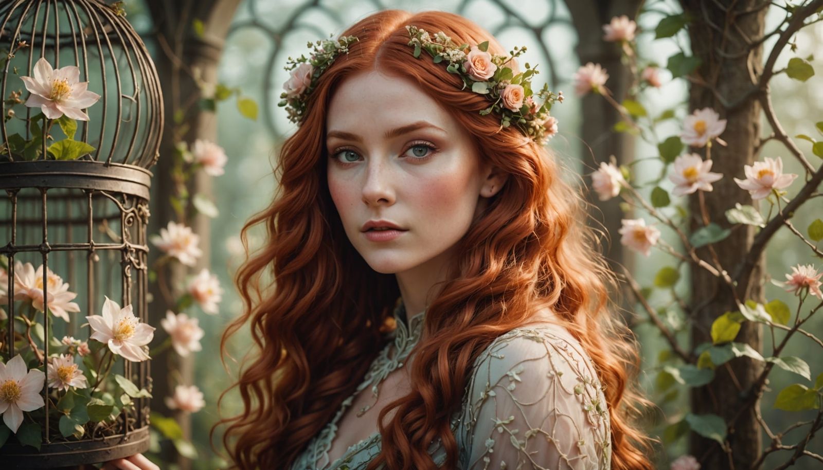 Red-Haired Elf Woman in Floral Bird Cage