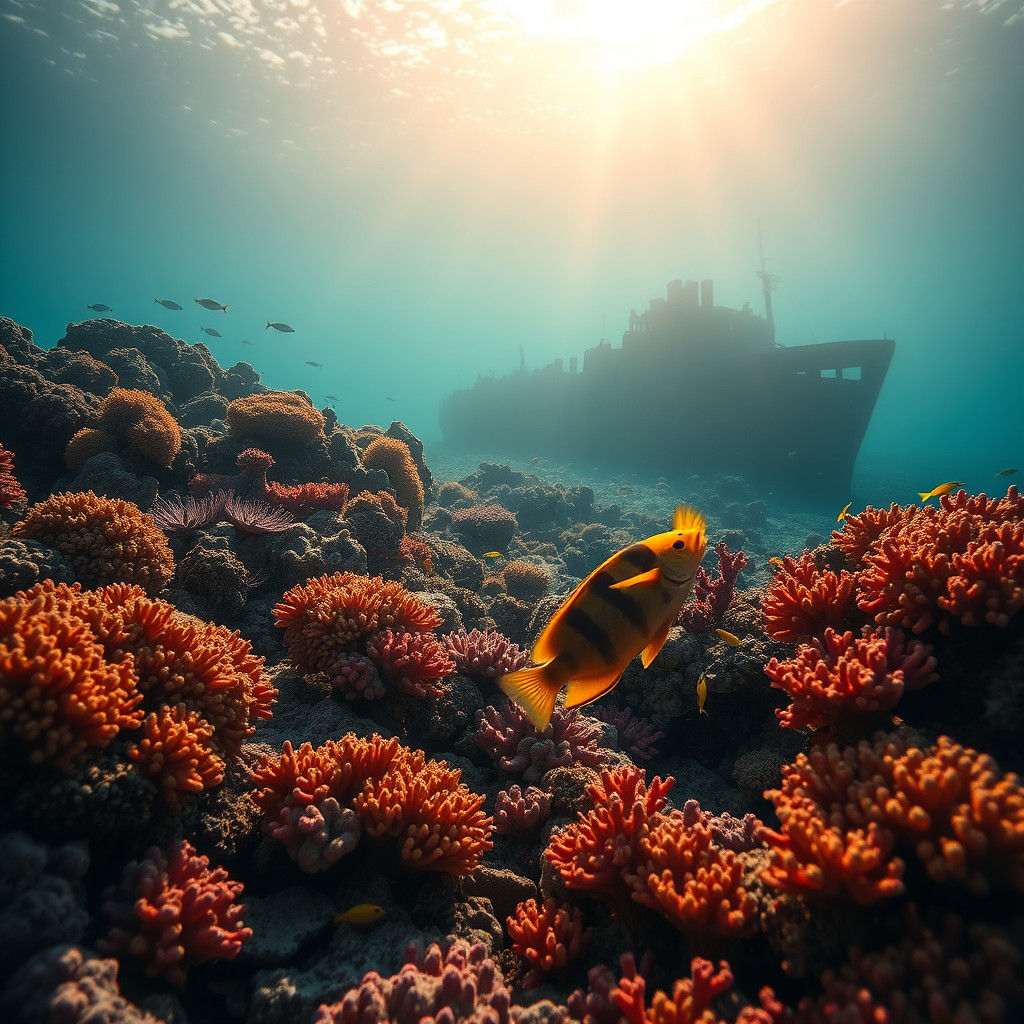Luminous Coral Reef Scene with Sunken Ship