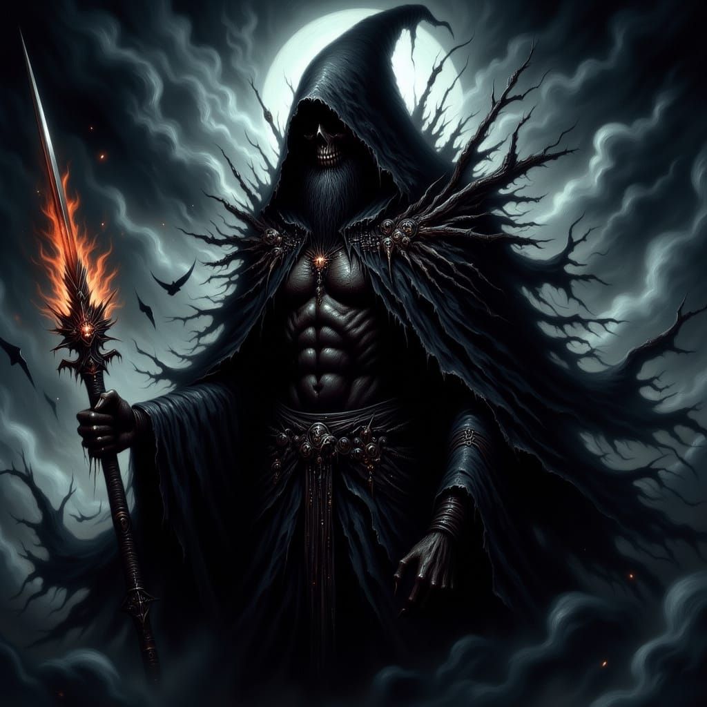 Shadow God Emerges from Mist with Fiery Sword