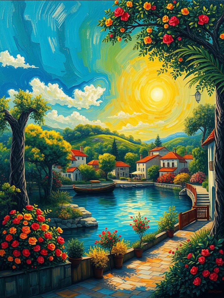 Idyllic Village by a Tranquil Lagoon in Vibrant Colors