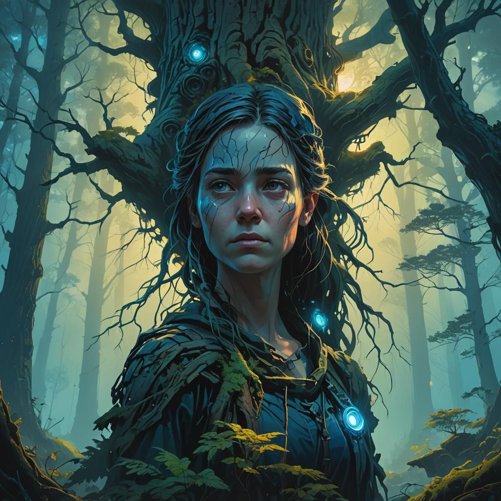 Mystical Forest: Woman's Crucial Decision in Fantasy Art