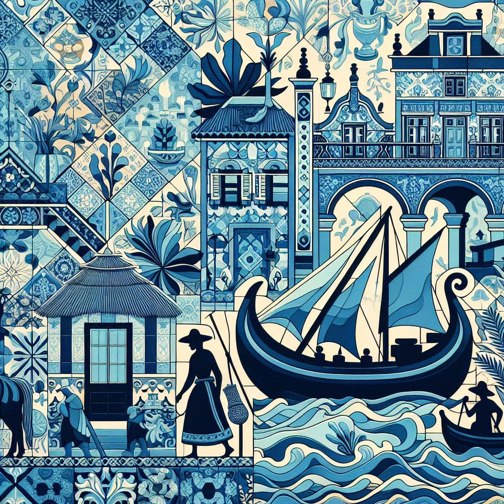 Blue Portuguese Azulejos Oil Painting on Canvas