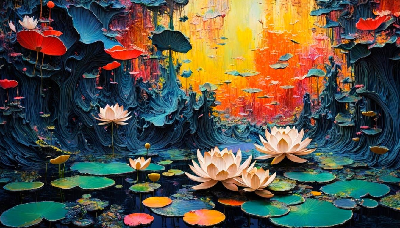 Surreal Abstract Landscape with Lotus Pond