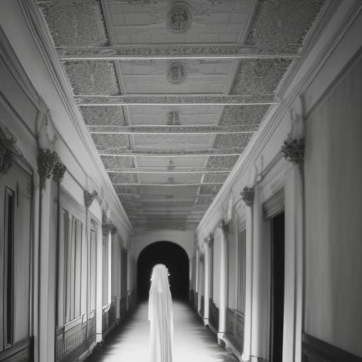 Creepy Ghostly Girl in Gothic Hallway