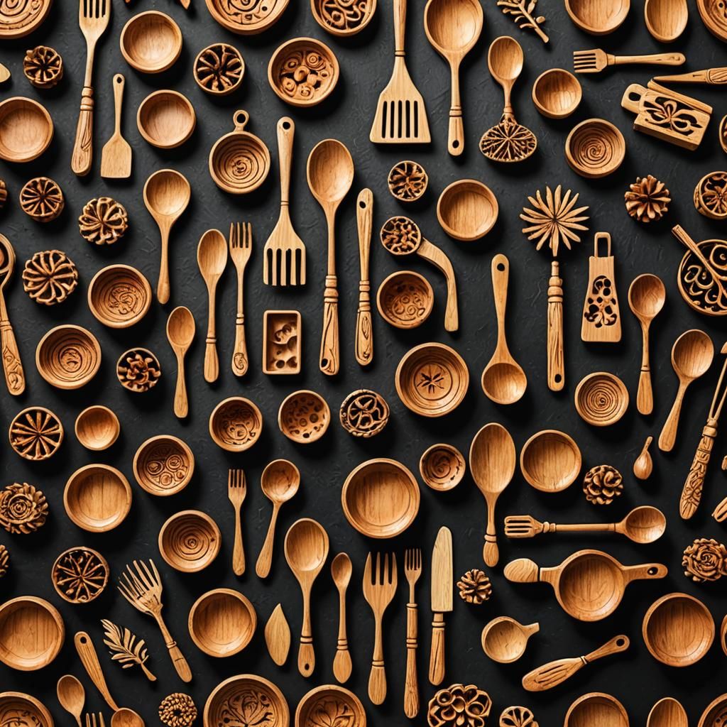 Miniature Pine Wood Kitchen Utensils, Hyperrealistic HDR Pho...