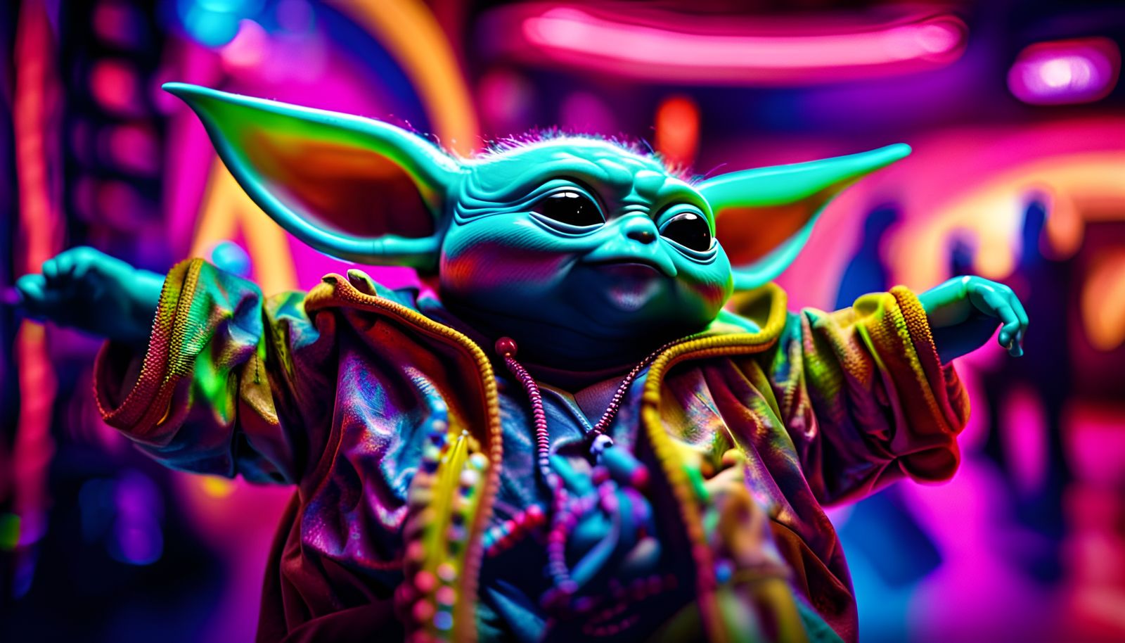 happy dancing Baby Yoda in neon surroundings, dance club, 80...