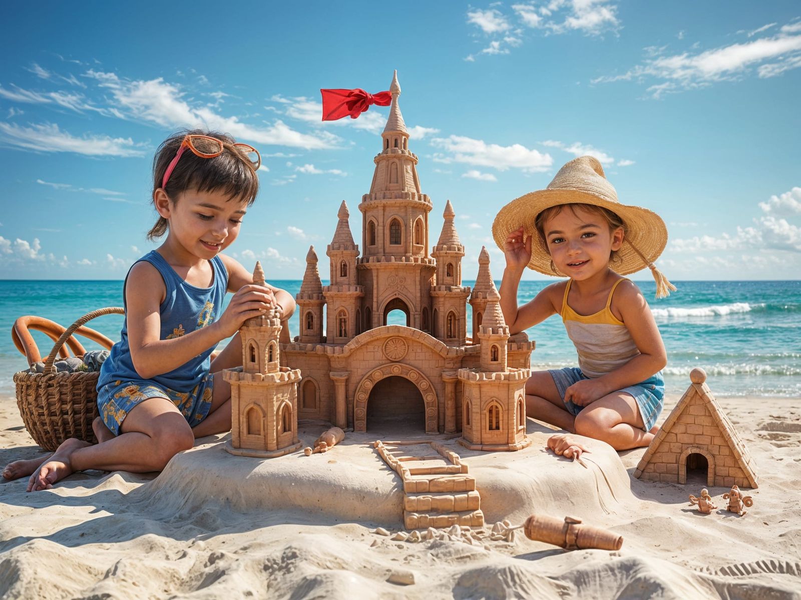Children Creating a Beachside Clay Palace in Stunning Digita...