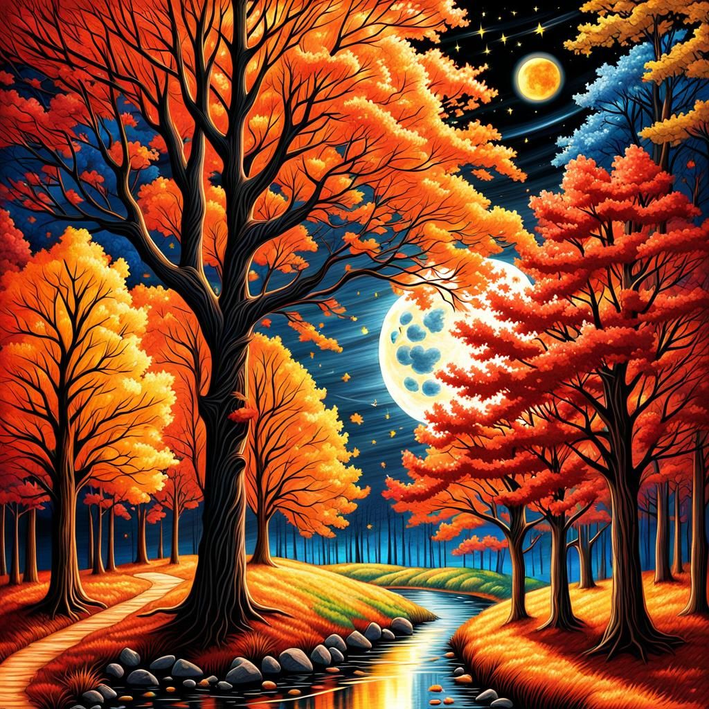 Chaotic Autumn Landscape in Colored Pencil Style