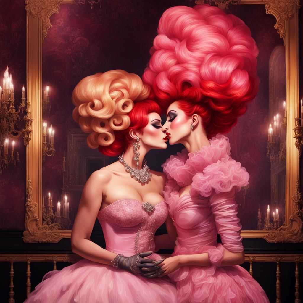 Drag Queens Kissing in a Salon: Detailed Matte Painting