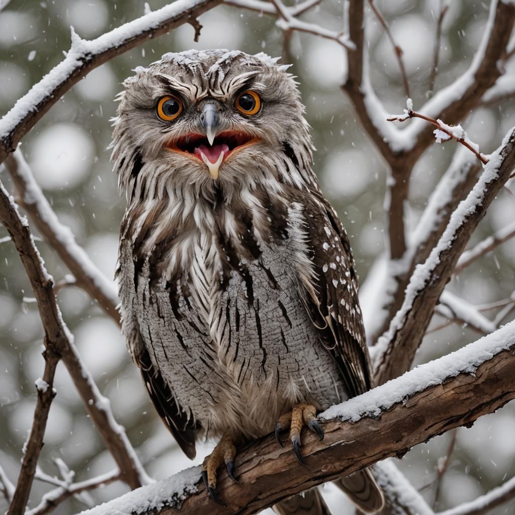 Tawny Frogmouth in Snowy Tree