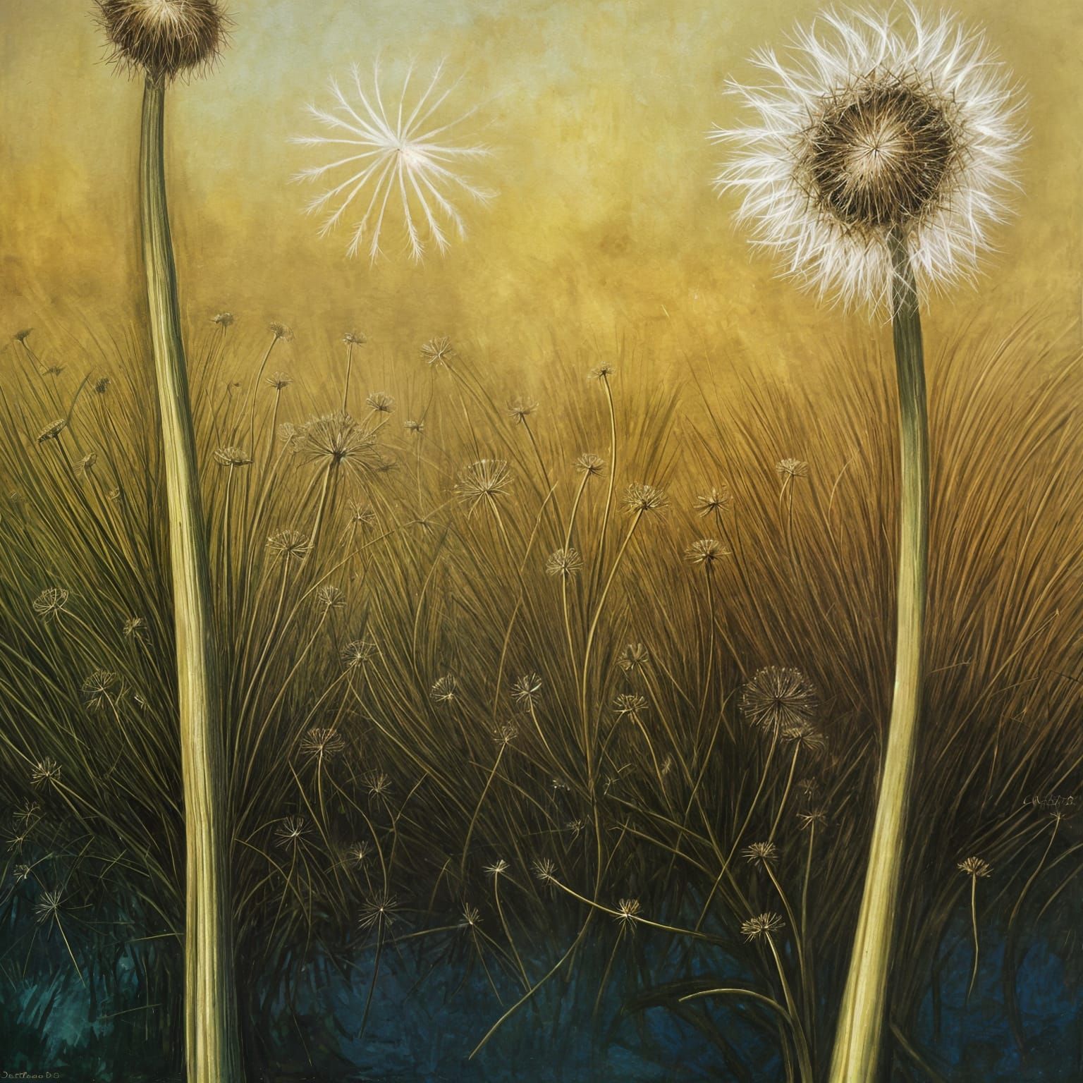 Surreal Dandelions Bloom in Dreamlike Landscape