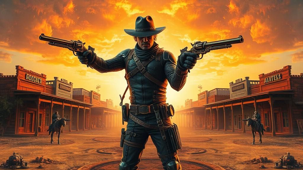 Steampunk Cyborg Gunslinger Duel in Wild West Town