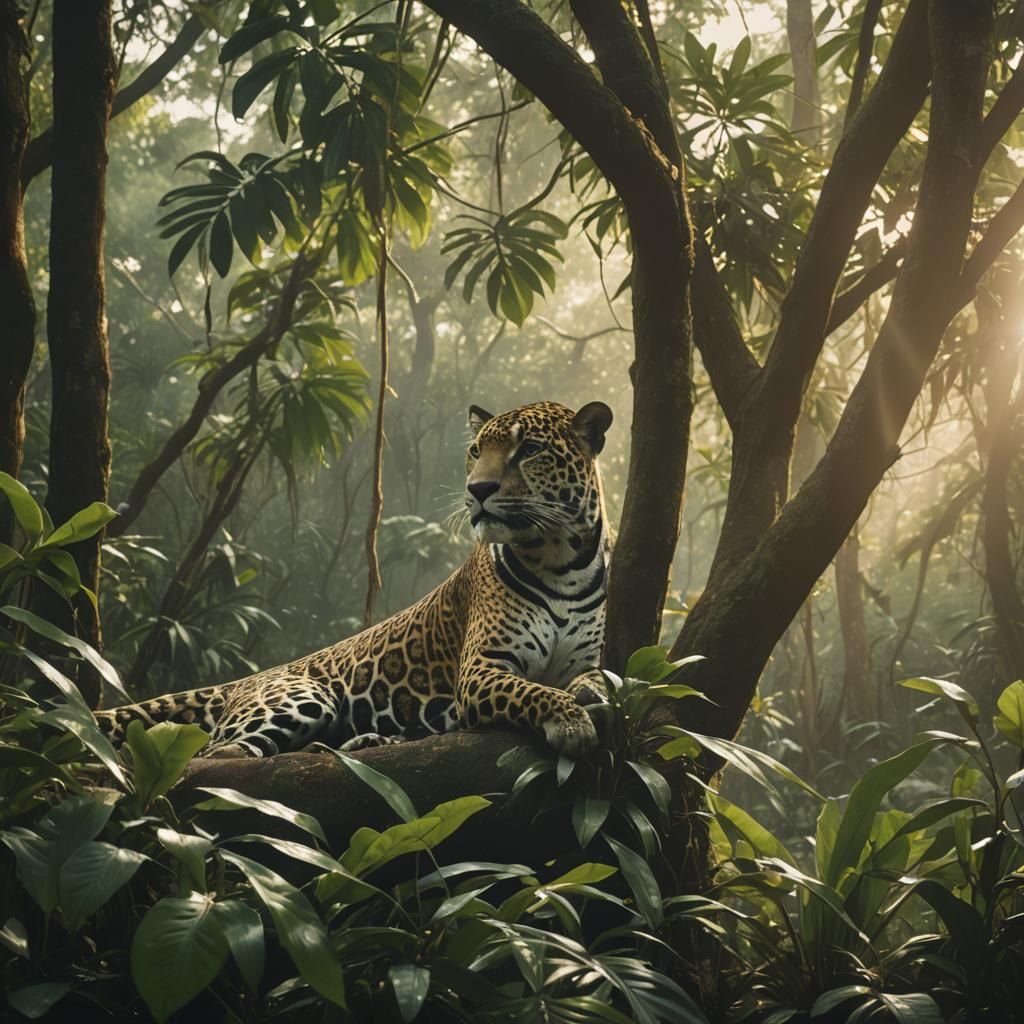 Jaguar and Monkey Family in Jungle Tree