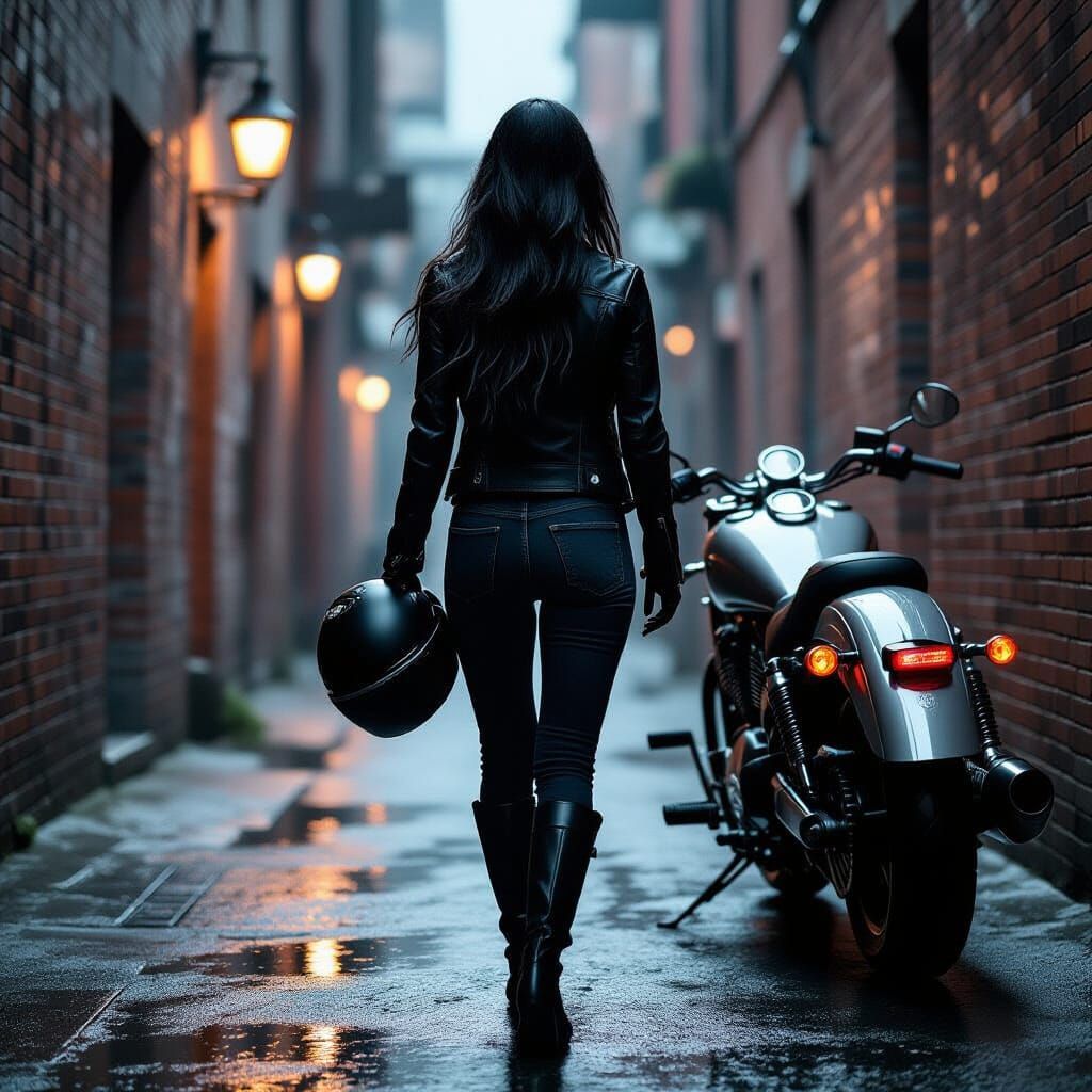 Woman in Urban Alley with Motorcycle