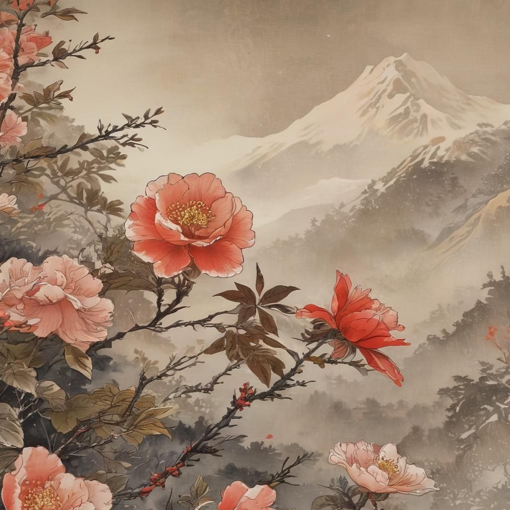China Rose on Fuji, Ukiyo-e Style