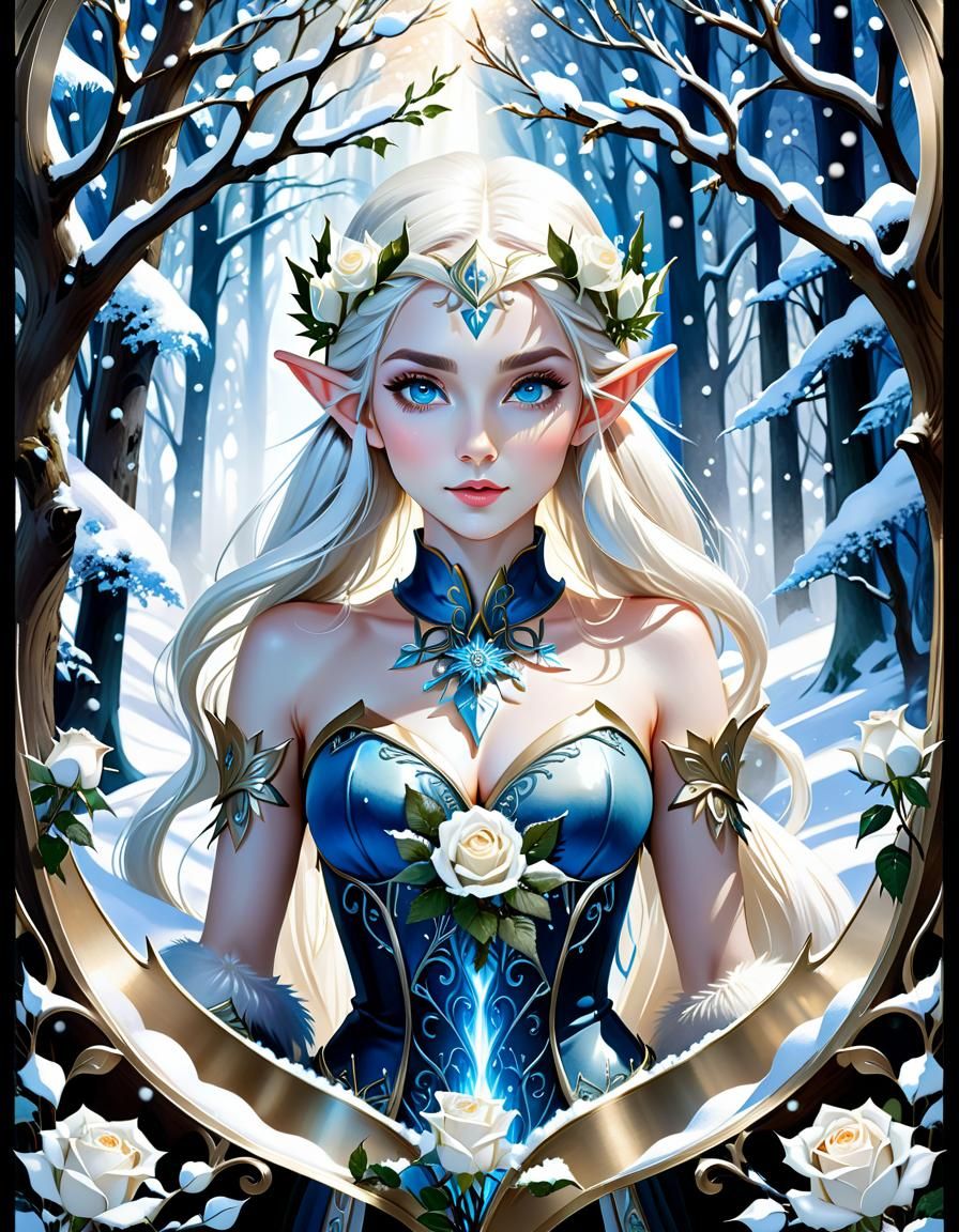 Stunning Snow Elf in Winter Forest Watercolor