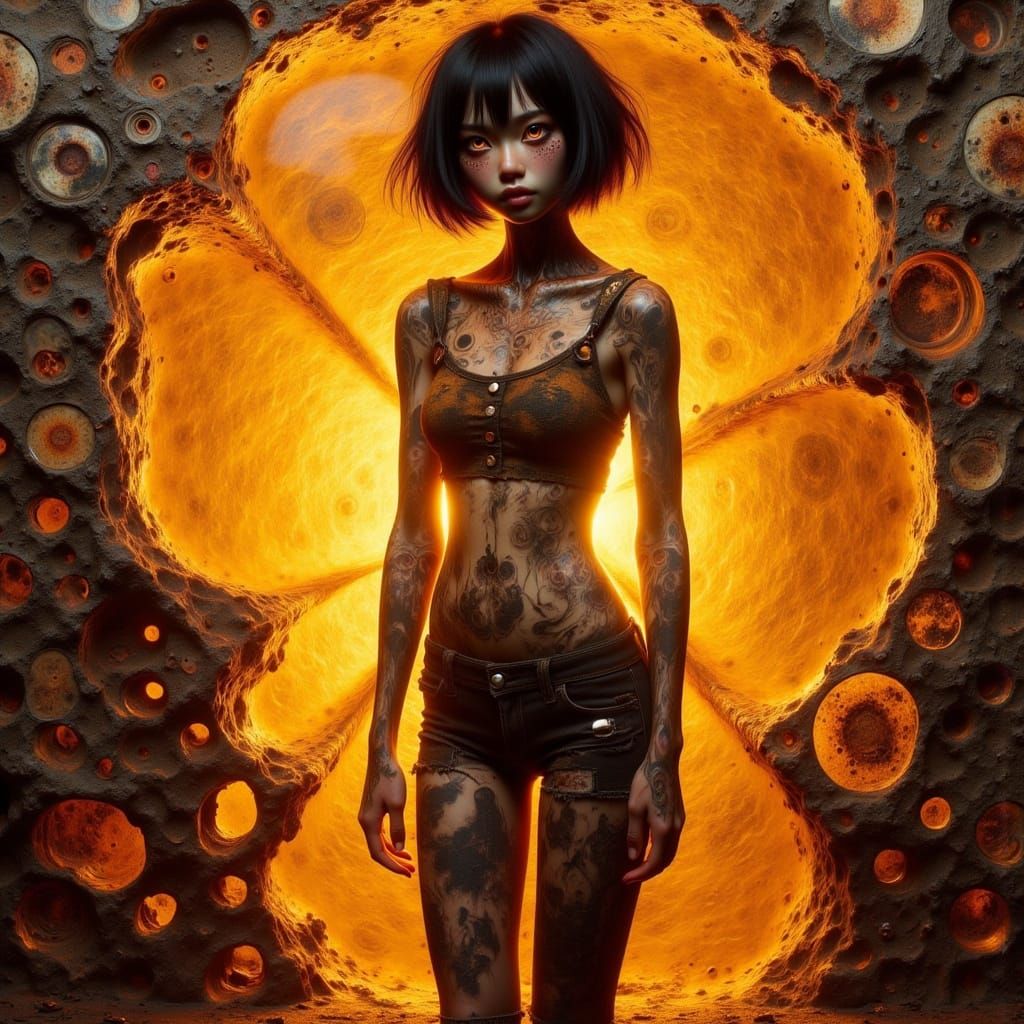 Sensual Lady Silhouetted in Fractured Mosaic Alley at Sunset