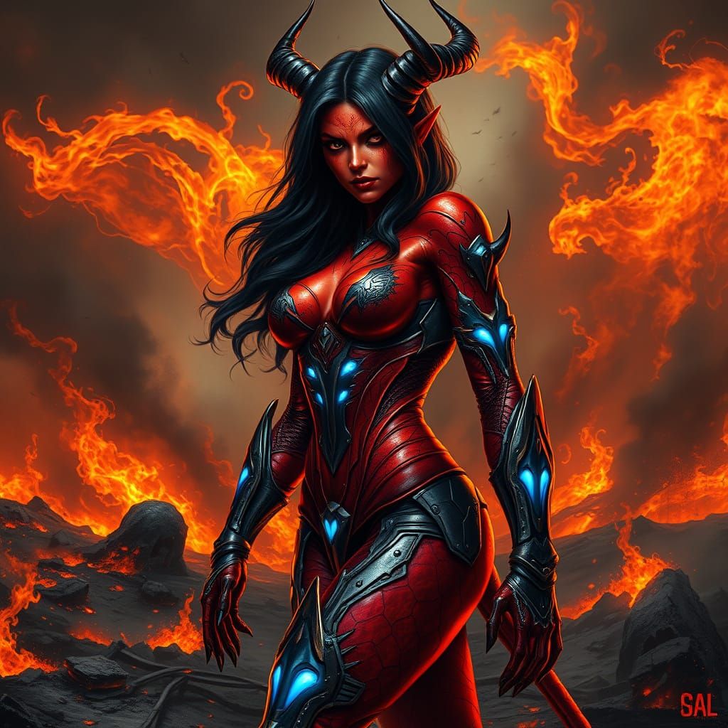 Cyberpunk Demon Warrior Woman in Lava Skin and High-Tech Arm...