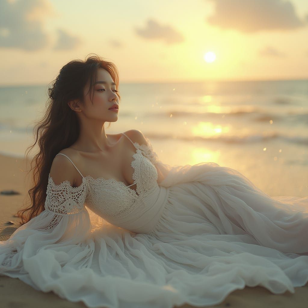 Ethereal Woman on Beach at Sunset