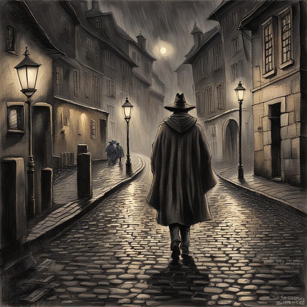 Medieval Street Scene: Charcoal Drawing in Film Noir Style