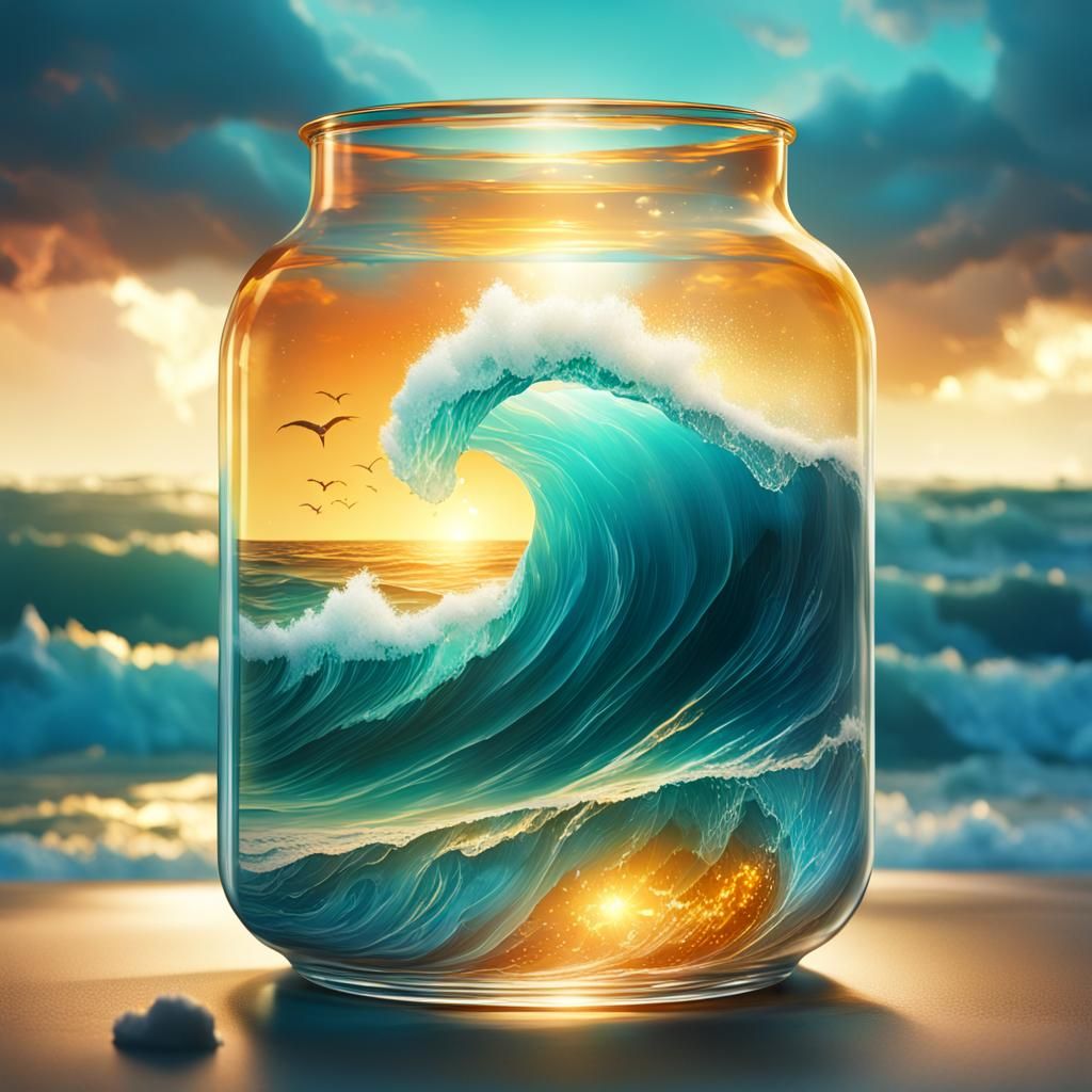 Stormy Sea in Glass Container: Detailed Concept Art