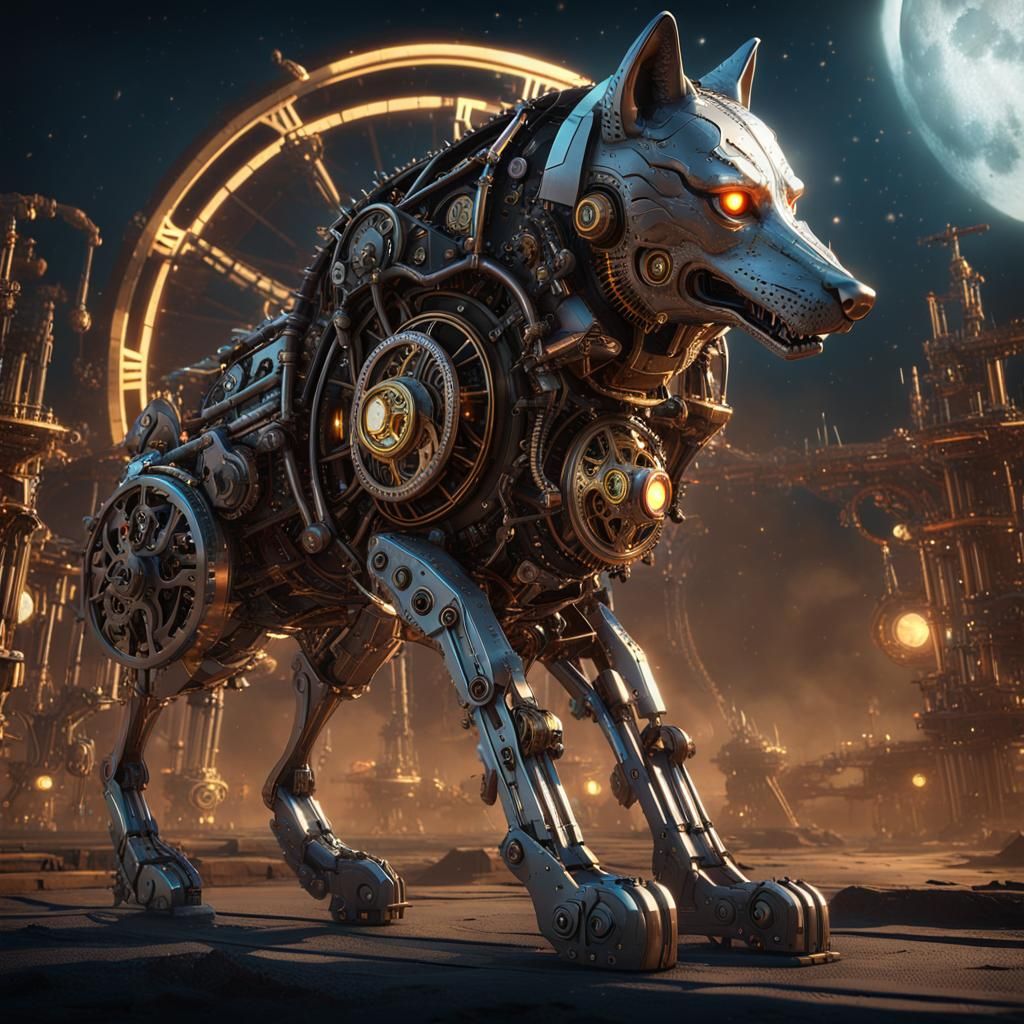 Steampunk Wolf Howling at Clockwork Moon