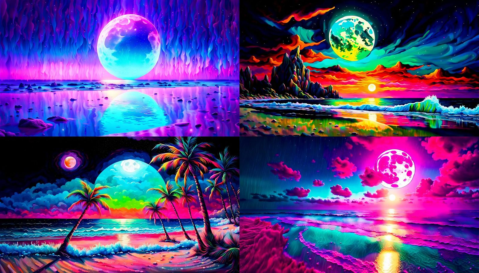 Fluorescent Crystal Moon Over Calm Beach