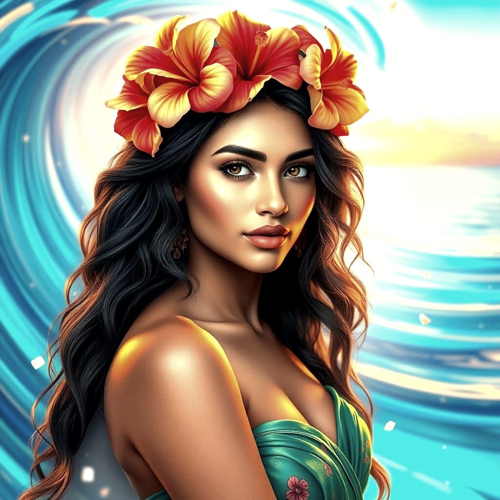 Hyperrealistic Polynesian Goddess in Vibrant Tropical Paradi...