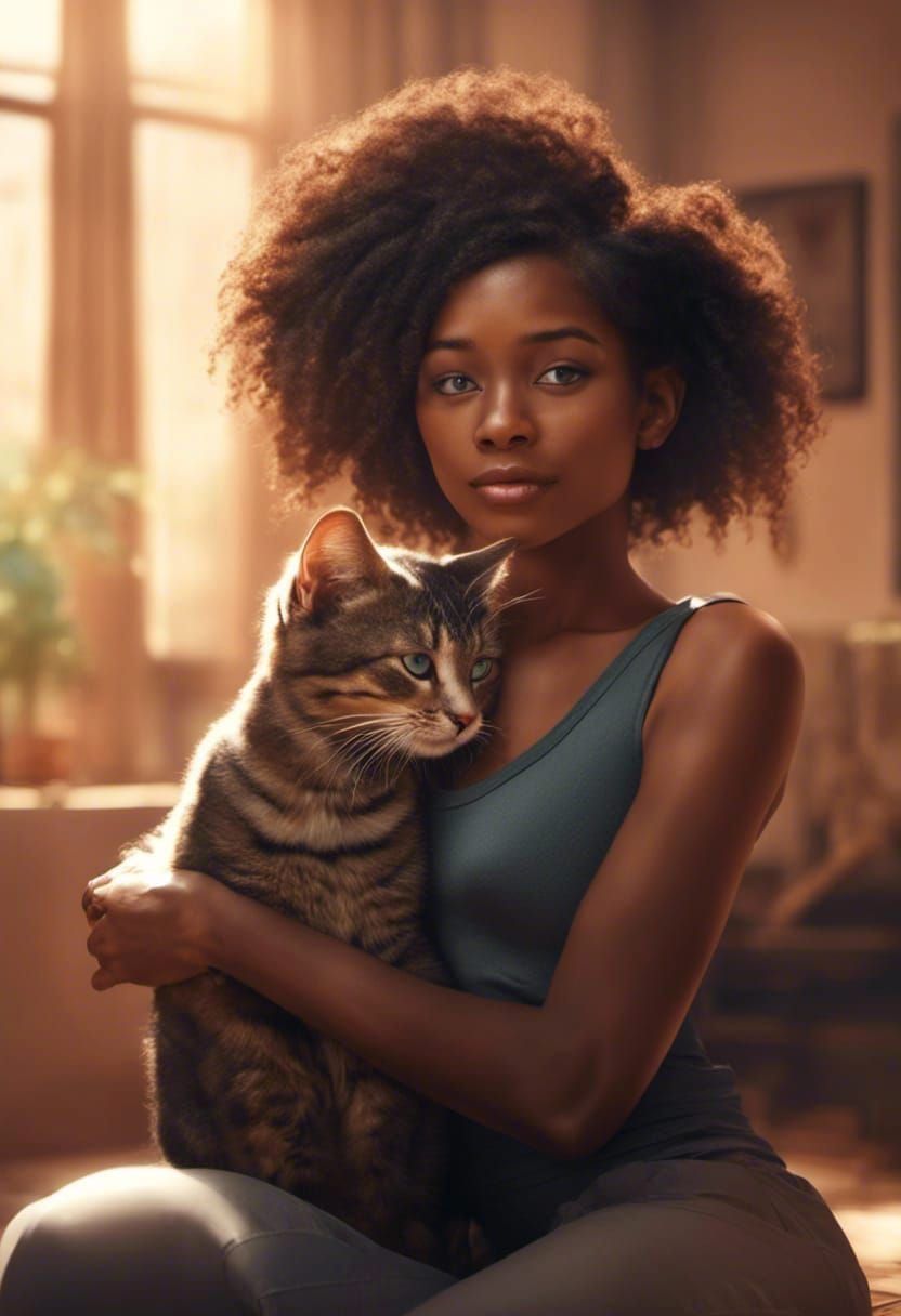 Woman and Kitten in Modern Anime Style