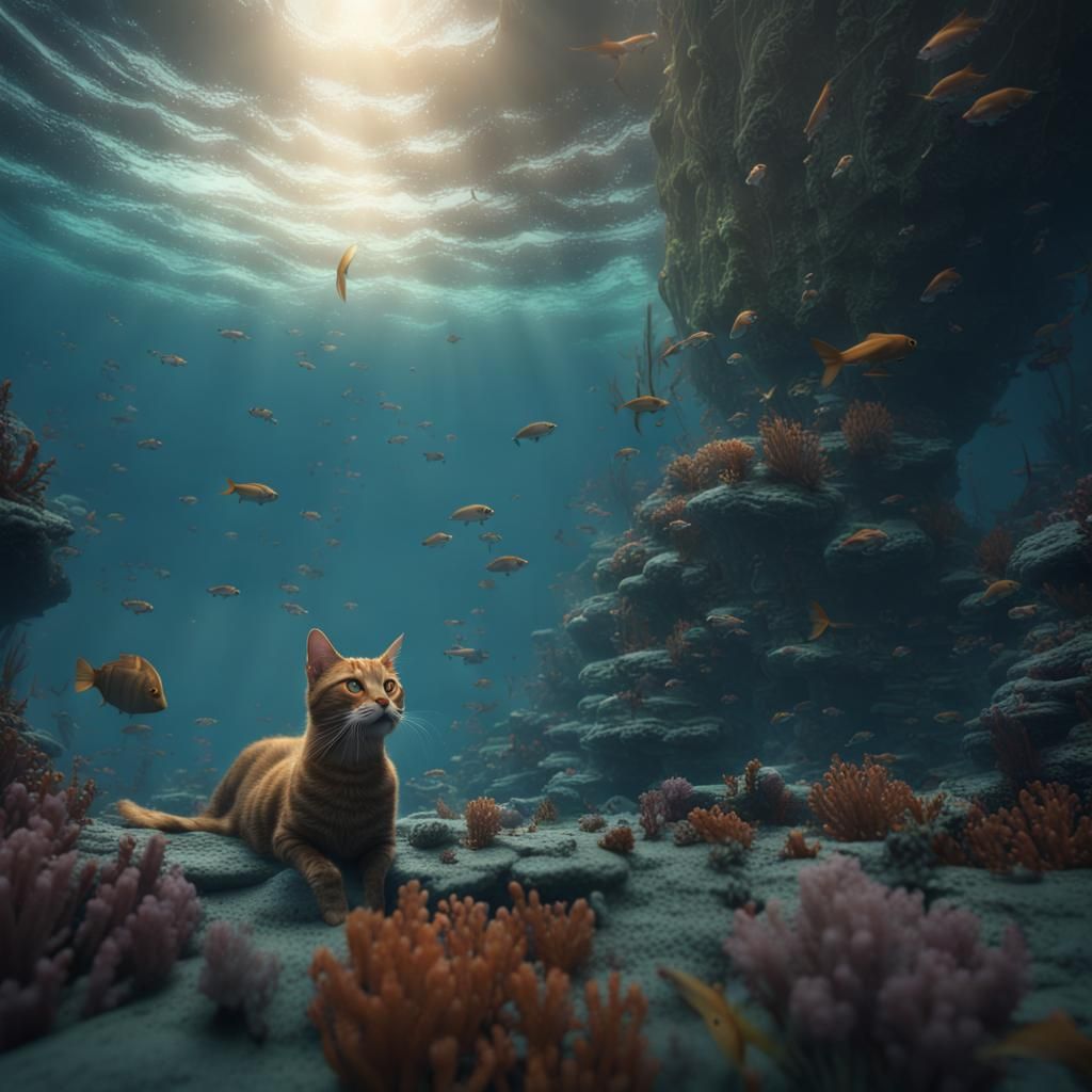 Cat Swimming Underwater: Detailed Fantasy Art