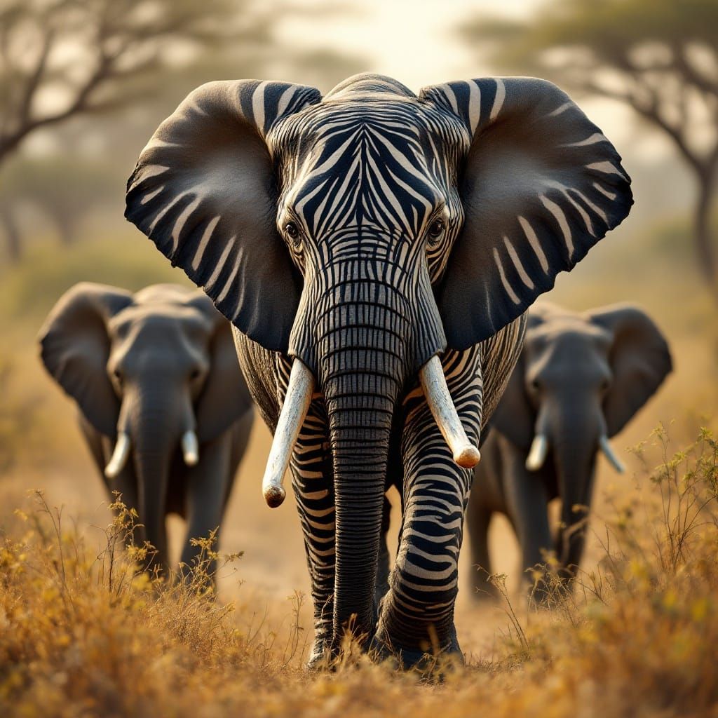 Surreal Zebra-Striped Elephant in Photorealistic 8K Detail