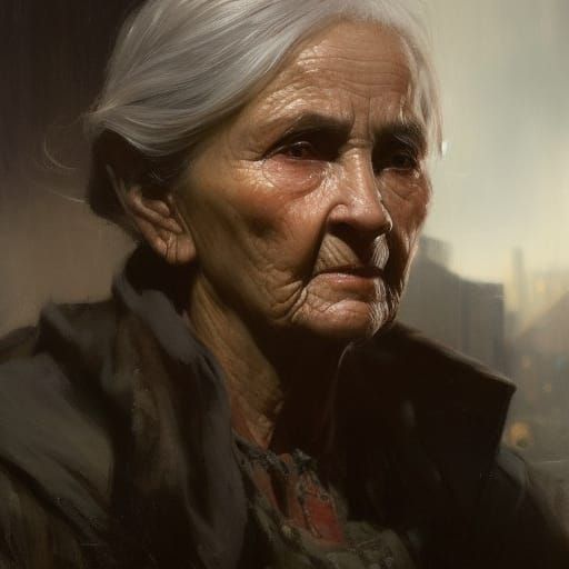 Detailed Portrait of Wrinkled Old Woman in Impasto Style